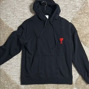 Ami Paris Black Hoodie with Red Heart Patch - Men's Pullover